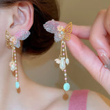 Daiiibabyyy  Fairy Imitation Pearl Rhinestone Hollow Metal Star Butterfly Tassel Dangle Earrings for Women Real Gold Copper Jewelry