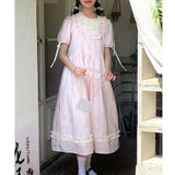 DAIIIBABYYY  -  Korean Commute Summer New Women's Patchwork Folds Ruffles Printed Crew Neck Bow Drawstring Short Sleeve Loose Sweet A-line Dress