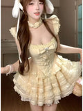 Daiiibabyyy  Bow Square Collar Princess Slim Vestidos Cake Ball Gown Short Bud Shorts New Bohemian Preppy Style Fairy Casual Vestidos