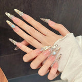 Daiiibabyyy  10pcs Handmade Charming Acrylic False Nail Pink Nude Leopard Print Pearl Rhinestone Decor Press On Nails For Women Party Wedding