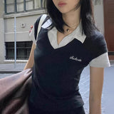 DAIIIBABYYY  -  Preppy Style Patchwork T-shirt Streetwear y2k Fake Two-piece Cropped Top Short Sleeve T-shirt Harajuku Women Summer Basic