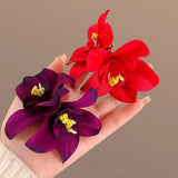 Daiiibabyyy  Side Hairpin Red Bauhinia Flower Straight Clip Seaside Holiday Essential Sweet Duckbill Clip Female Double Flower Hairpin