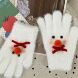 Daiiibabyyy  Winter Warm Sweet Bow Plush Gloves for Women Five-finger Gloves Cartoon Red Nose Snowman Mittens Girls Christmas Friend Gifts