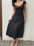 Daiiibabyyy  Black White Polka Dot Lace Trim Heart Neck Puff Sleeve Ruched Waist A-Line Midi Dress