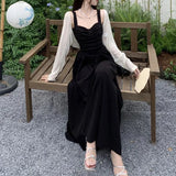 Daiiibabyyy  Korean Women Black Spaghetti Strap Dress Summer Sexy Backless Slim Dress French Hepburn Style Fashon Preppy Party Vestidos