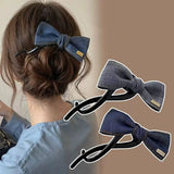 Daiiibabyyy  New Retro Denim Bow Hair Clips for Women S-Shaped Exquisite Sweet High Ponytail Twist Clip Casual Hair Accessory