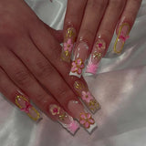 Daiiibabyyy  24pcs Long Coffin Sweet Girl Fake Nail Strawberry Wave Point Flower Printed Press On Nail Dopamine Plaid French Style False Nail