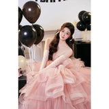 Daiiibabyyy  Princess Pink Wedding Dresses Photo Shooting Dresses Sweetheart Strapless Tiered Tulle A-line Ball Gown for Birthday Customized