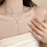 Daiiibabyyy Elegant Pearl Camellia Double Layer Necklace Women Light Luxury Premium Feeling Temperament Collarbone Chain Party Gift