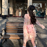 DAIIIBABYYY  -  Korean Print Ruffles Pink Mini Dress Slim Wasit Fairy Puff Sleeve Ball-Gown Square-Collar Vestidos 2025 Summer Chic New Clothes