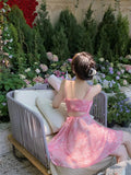 Daiiibabyyy  New Pink Romantic Floral Skirt Summer Slimming Solid Color Fashionable and Fresh Short Skirt Small Slim Strap Dress S6YW