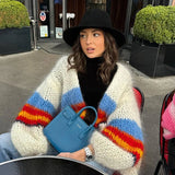 DAIIIBABYYY  -  Autumn Winter New Fashion Cardigan Jacket Contrast Striped Long Sleeved Knitted Sweater for Women's Casual Street Loose Sweater