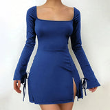 Daiiibabyyy  Autumn New Style Chic Sexy Square Neck Long Sleeve Lace-up High Waist Bodycon Solid Color Slit Mini Dress Casual Streetwear