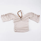 Daiiibabyyy  Short Sleeve Blouse For Woman Off Shoulder T-shirt Top Fitted Square Neck Tops Vintage Crop Top Beige Ruched Ribbed Knit