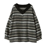 Daiiibabyyy  Women's Winter Clothes Woman V Neck Long Sleeve Loose Fit Oversized Striped Color Block Cotton Blend Hip Length Sweater Female