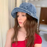 DAIIIBABYY  -  Korean Niche Design Bow Bucket Hats for Women Spring and Summer Travel Sweet Versatile Sunscreen Retro Denim Men's Caps