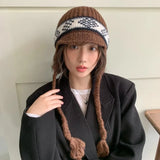 Daiiibabyyy  Japanese Ethnic Style Jacquard Knitted Ear Protection Beanie Cap for Men and Women Winter Warm Versatile Lace-up Bomber Hats
