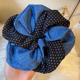Daiiibabyyy  1pc Retro Denim Polka Dot Double-Loop Hair Scrunchie - Stylish INS Trend, Unique Vibe, Ideal for Ponytails, New-Arrival Hair Acc