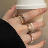 DAIIIBABYYY  -  Retro Beaded Pearl Ring for Women Fade-Resistant Unique Design Finger Ring Colorful Beaded Geometric Shape Temperament Jewelry