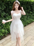 DAIIIBABYYY  -  Summer White Jacquard Patchwork Mesh Ruffled Long Dress Women Elegant Lace Bow Sling Dress 2025 New Korean Bodycon Beach Dresses