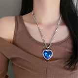 Daiiibabyyy  Blue Heart Crystal Necklaces for Women Long Chain Pendant Necklaces Statement Jewelry Wedding Party Gift