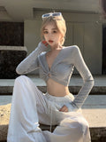 DAIIIBABYYY  -  American Hot Girl Hollow V-neck T-shirt for Women's Spring Long-sleeved Grey Slim Fit Sexy Short Top Fashion Female Clothes