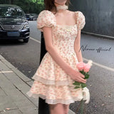 DAIIIBABYYY  -  French Bow Backless Summer Lolita Patchwork Printed Ruffles Floral Zipper Fashion Elegant Slim Casual Puff Sleeve Dresses