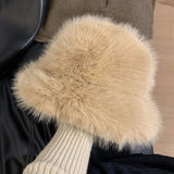 Daiiibabyyy  New Fashion Faux Rabbit Fur Bucket Hat for Women's Russian Luxury Fluffy Warm Wrap Winter Hat Fuzzy Plush Beanies Hat Y2k