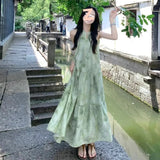 Daiiibabyyy  New Chinese Style Women's Sleeveless Halter Dress Summer Suspender Floral Long Skirt