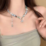 DAIIIBABYYY  -  Korean Crystal Flower Love Pendant Necklace for Women Trendy Beaded Choker Necklace Y2K Jewelry Accessories