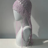Daiiibabyyy  Vintage Pink Hollowed Out Beads Knitted Hat Handmade  Cap With Beads Tassle Casual Crochet Hats for Women