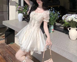 Daiiibabyyy  Summer French Style Square Collar Mini Dress Fashion Gauze Lace Spliced Female Clothing Elegant Puff Sleeve Ball Gown Dresses