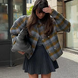 DAIIIBABYYY  -  Woman Autumn Fashion Vintage Woolen Jacket Plaid O-Neck Long Sleeves Buttons Double Breasted Female Chic Streetwear Style Coats