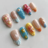 Daiiibabyyy  24PCS Glossy 3D Flower Butterfly Almond False Nails Sweet Pink Gradient with Pearl French Press on Fake Nails Wearable Ins Nails