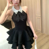 Daiiibabyyy  Elegant French Style Halter Slim Mini Dress Summer Ball Gown Female Clothing Aura Lapel Bow Stylish Diamonds Backless Dresses