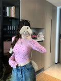 DAIIIBABYYY  -  Pure Sexy Floral Long-sleeved T-shirt Women's Spring Summer Gauze Patchwork Slim Fit Crop Top Fashion Female Clothes