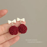 DAIIIBABYYY  -  Wine Red Flocking Bow-knot Rhinestone Pearl Tassel Drop Earrings for Women Korean Fashion Winter New Year Party Earring Jewelry