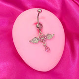 Daiiibabyyy  Y2K Body Accessory Pink Crystal Heart Belly Button Rings Sexy Jewelry Angel Wing Body Piercing Belly Button Ring Cute Belly Ring