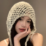DAIIIBABYYY  -  Simple Hand-woven Hollow Fringed Pullover Hat Women Spring and Summer Thin Breathable Big Head Ear Protector Skull Beanie Cap