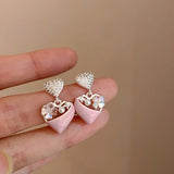 Daiiibabyyy  Cute Multiple Pink Opal Rhinestone Heart Flower Geometric Drop Earrings Enamel Simulated Pearl Pendant Earring for Women