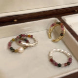 DAIIIBABYYY  -  Retro Beaded Pearl Ring for Women Fade-Resistant Unique Design Finger Ring Colorful Beaded Geometric Shape Temperament Jewelry