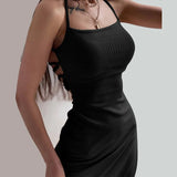 Daiiibabyyy  Fashion Focus! Black Halter Neck Slip Dress with High Slit - Flaunt Your Edgy, Spicy Charm, Sexily Eye - Catching