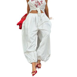 Daiiibabyyy  New Fashion Casual High Waist Solid Color Loose Fit Eastic Waist Wide Leg Pants