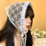 DAIIIBABYYY  -  French Flower Lace Embroidered Bow Decorative Triangle Towel Women's Summer Vacation Breathable Mesh Lace Up Photo Headband