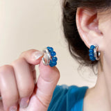 Daiiibabyyy  Blue Glass Beads Silver C-shaped Stud Earrings Temperament Vintage Earrings for Women Daily Party Fashion Jewelry