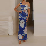 Daiiibabyyy  Pattern printed women's temperament slim fit dress casual vacation elegant off shoulder fashion party long dress