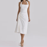 Daiiibabyyy  Elegant White Halter A-line Dress Women Minimalist Pleat Splice Square Neck Backless Lace Up Vestido Summer Date Party Gown