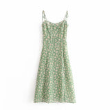 Daiiibabyyy  French Summer Green Flower Print Bandage Spaghetti Strap Slit Long Dress Retro Sexy Women Lacing Up Sling Dresses Vestido