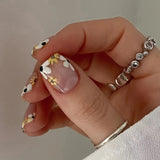 24Pcs Short Square Head Fake Nails Press on White French 3D Flower Design False Nail Detachable Artificial Full Cover Nails Tips