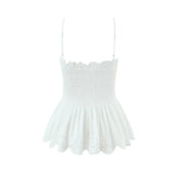 Daiiibabyyy  Spicy Girl Embroidered Hollow Pleated Camisole With Elastic Waist Skirt White Eyelet Embroidery Top And Ruffle Mini Skirt ZM2N